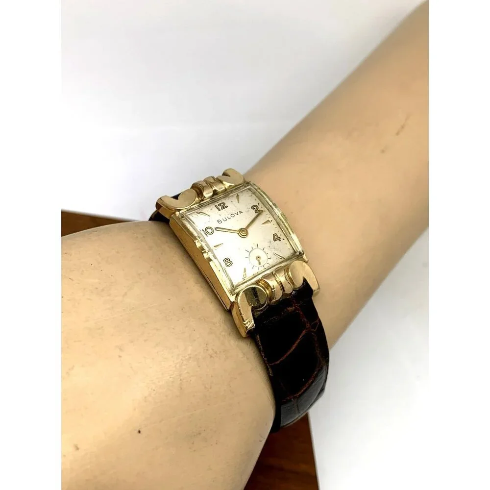 Bulova Watch Vintage 1953 8AC Mechanical Tank 10k Rolled Gold Brown Leather Band